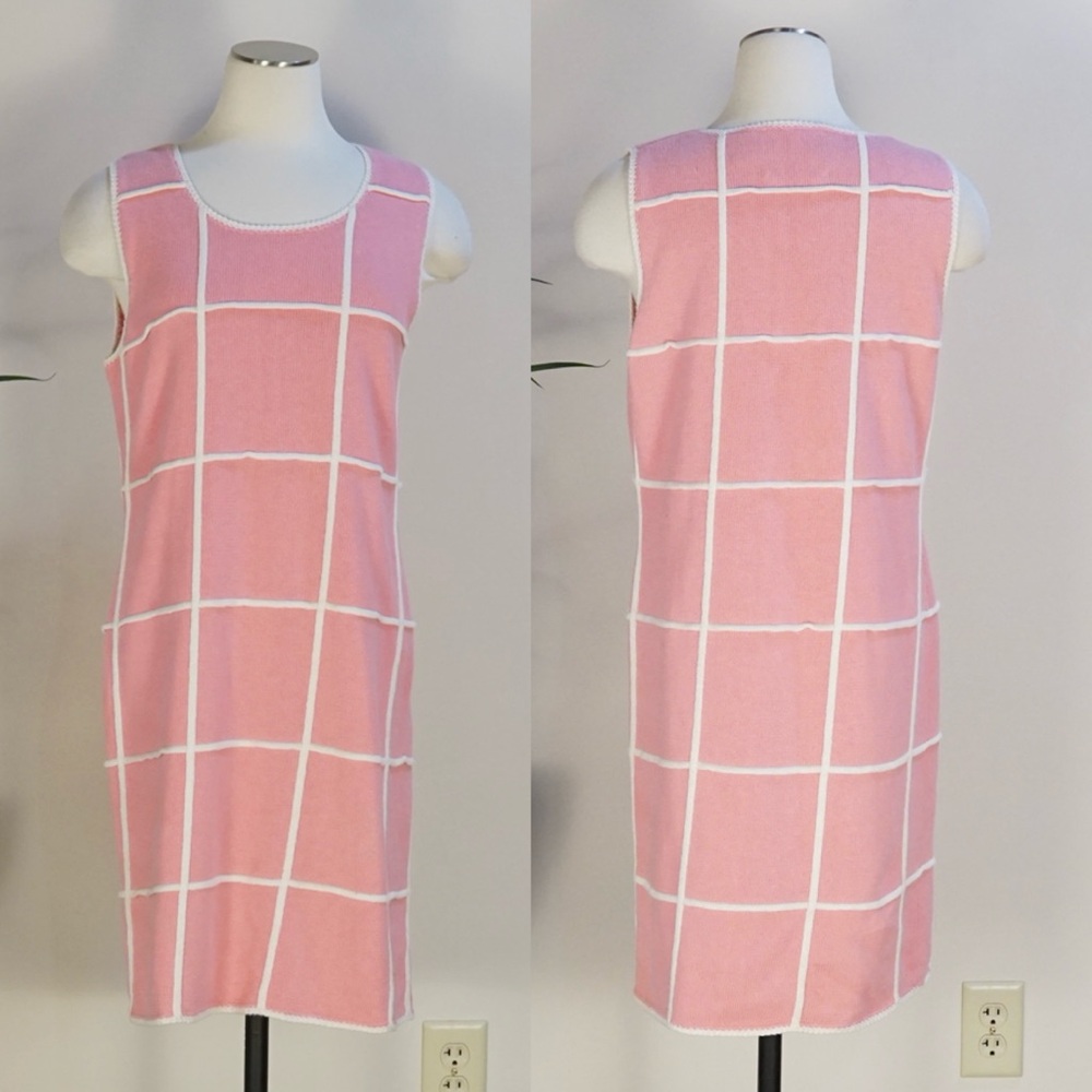 Vintage 90s Michael Simon pink knit grid shift dress M